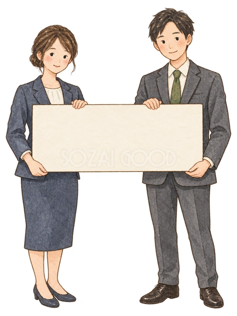 目標ボードを持つ社員二人の水彩イラスト