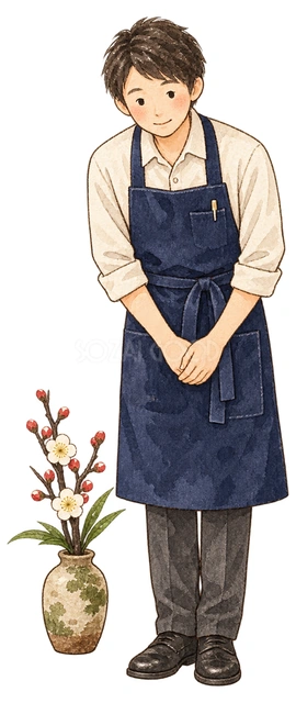 新年のご挨拶をする店員の水彩イラスト