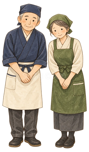 商店主夫婦のご挨拶の水彩イラスト