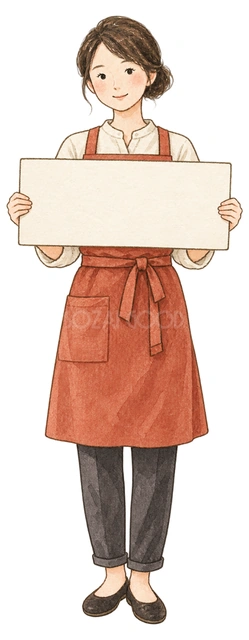 営業案内板を持つ店員の水彩イラスト