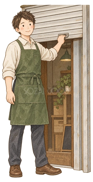 開店準備をする店員の水彩イラスト