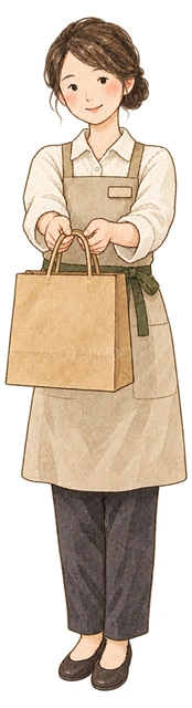 商品を手渡すスタッフの水彩イラスト