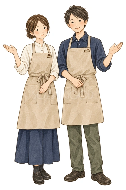 お客様を迎えるスタッフ二人の水彩イラスト