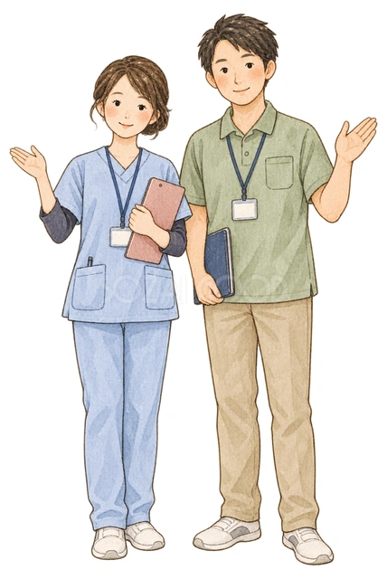 施設スタッフ二人のご挨拶の水彩イラスト
