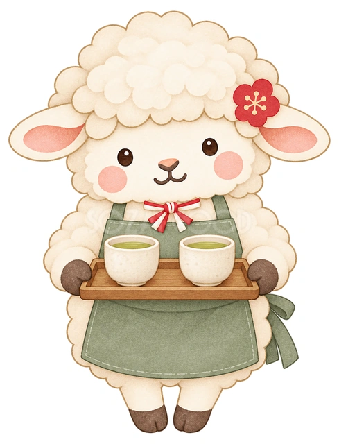 お茶を出す羊の水彩イラスト
