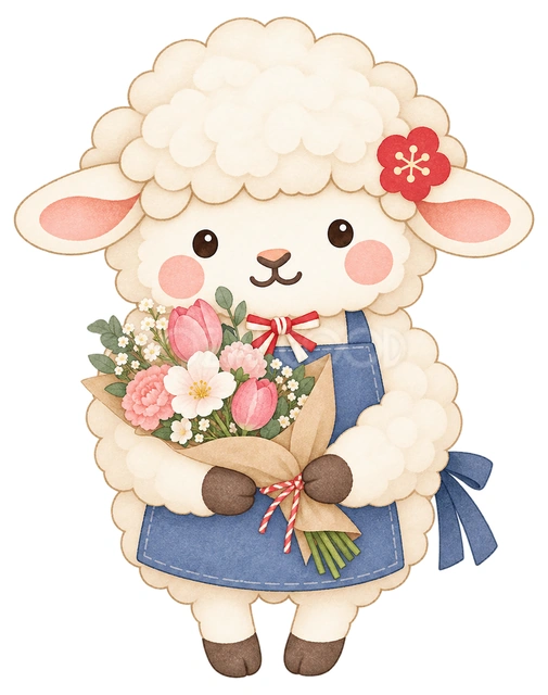 花束を渡す花屋の羊の水彩イラスト