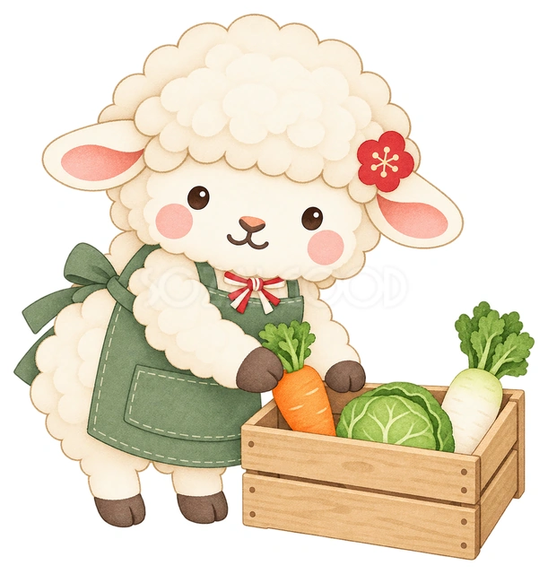野菜を並べる羊の水彩イラスト