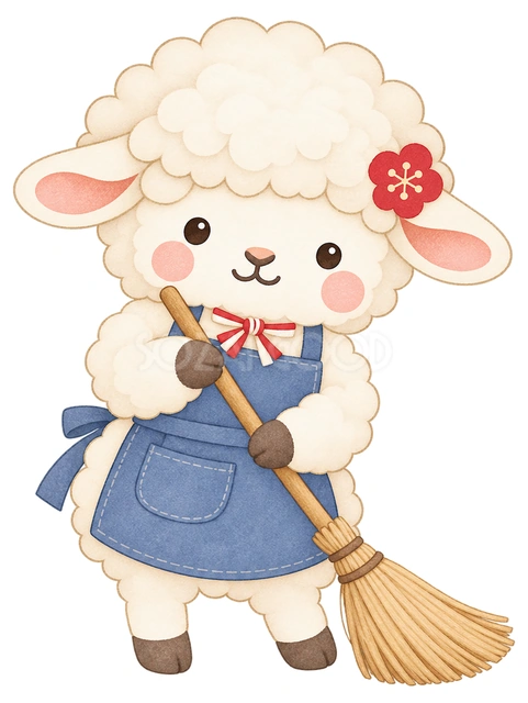 ほうきで掃除する羊の水彩イラスト