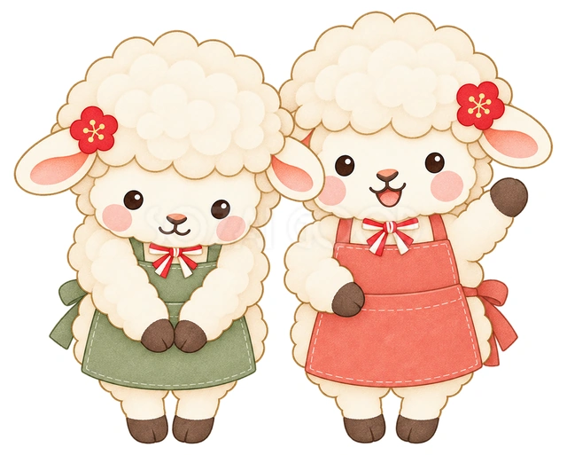 店先で迎える羊2匹の水彩イラスト