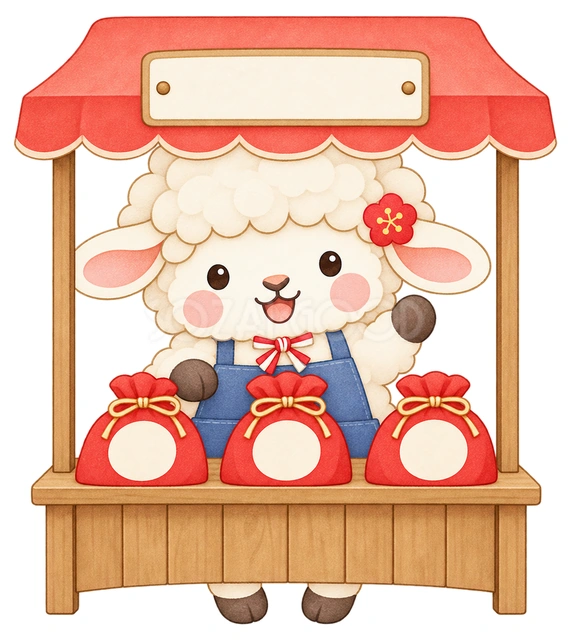 小さな屋台で働く羊の水彩イラスト