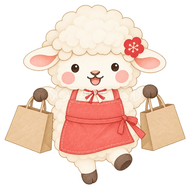 買い物袋を持つ羊の水彩イラスト