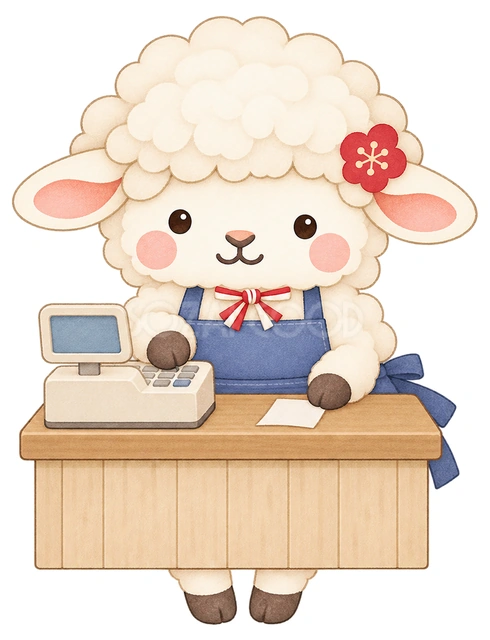 レジで働く羊の水彩イラスト