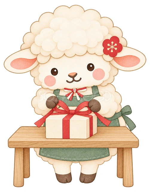 商品を包む羊の水彩イラスト