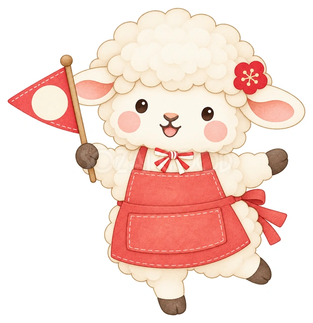 初売りの旗を持つ羊の水彩イラスト