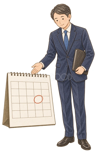 年内締切をカレンダーで案内する男性の水彩イラスト