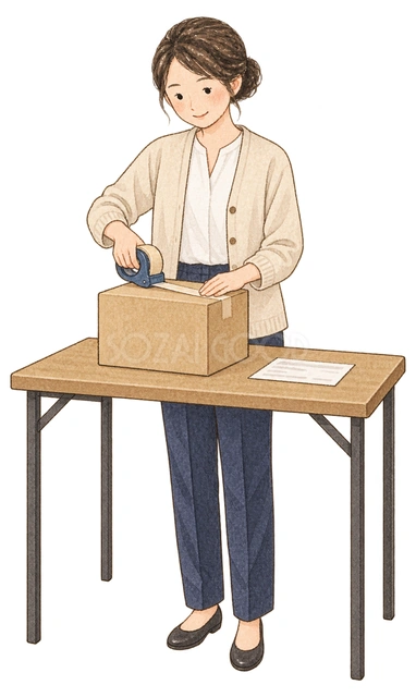 最終出荷に向けて梱包する女性の水彩イラスト