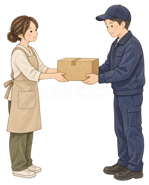 年内発送の荷物を引き渡す二人の水彩イラスト