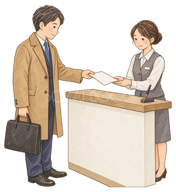 申込書を受け取る受付スタッフの水彩イラスト