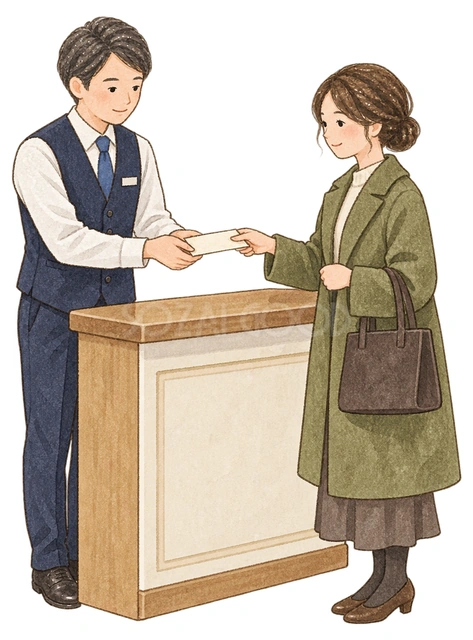 窓口で封筒を受け渡す二人の水彩イラスト
