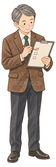 提出書類を確認するシニア社員の水彩イラスト