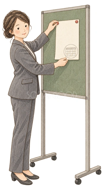 締切案内を掲示する女性社員の水彩イラスト