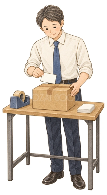 発送ラベルを準備する男性の水彩イラスト