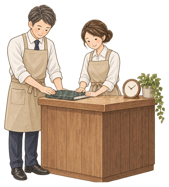 年内受付を締めるスタッフ二人の水彩イラスト