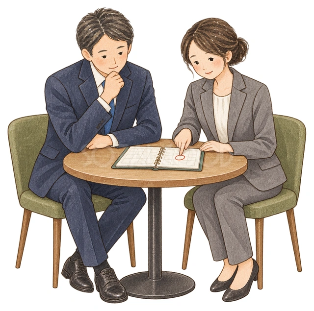 締切の予定を相談する社員二人の水彩イラスト