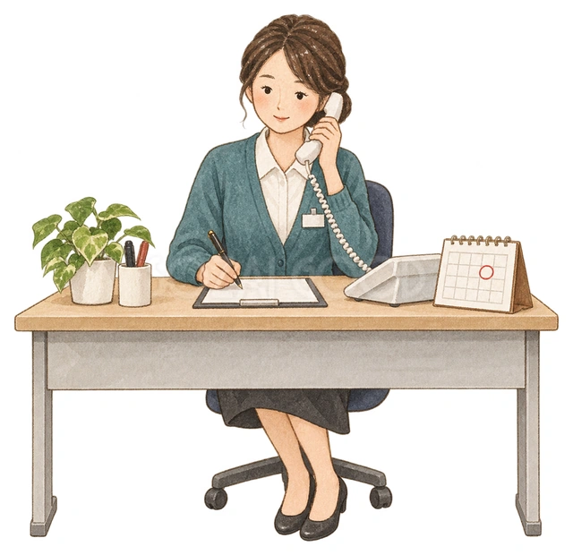 電話で年内予約を受けるスタッフの水彩イラスト