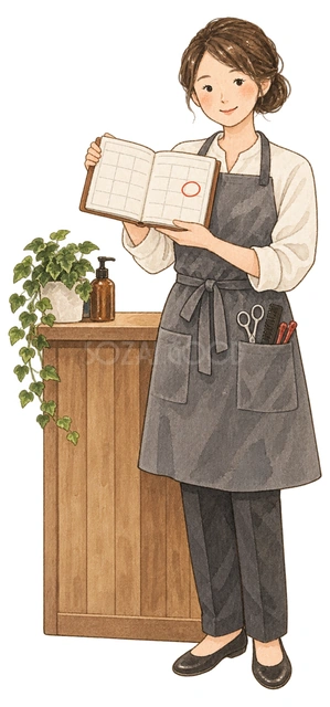 美容室の年内予約を案内する美容師の水彩イラスト