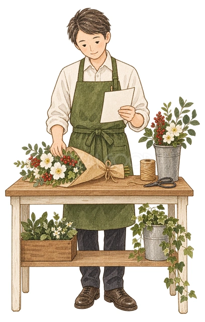 花屋の年内注文を受ける店員の水彩イラスト