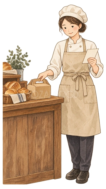 パン屋の予約商品を確認するスタッフの水彩イラスト