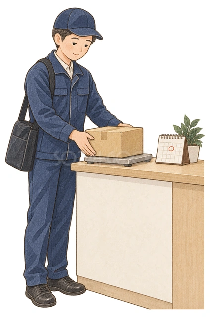 年内発送の荷物を受け付ける配達員の水彩イラスト