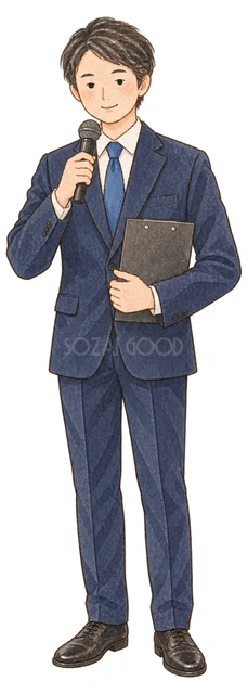 忘年会の司会をする男性の水彩イラスト