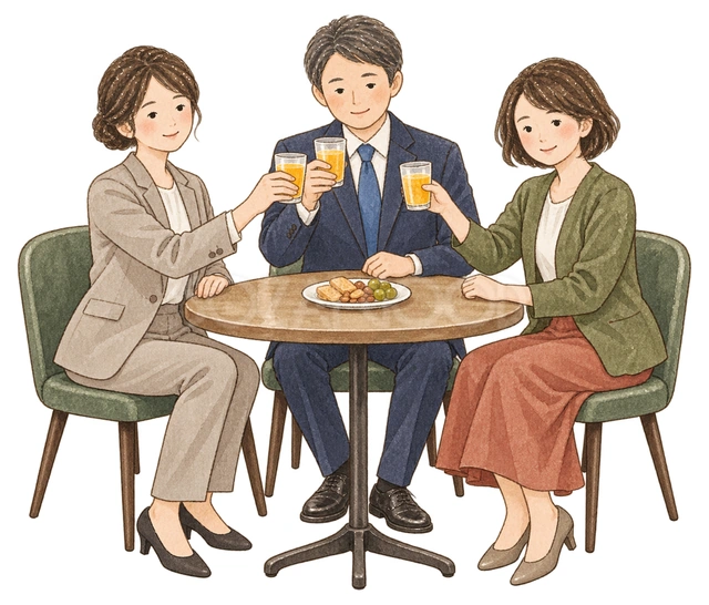 三人で乾杯する同僚の水彩イラスト