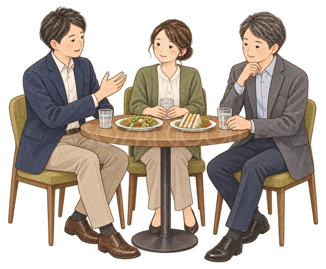 料理を囲んで話す社員三人の水彩イラスト