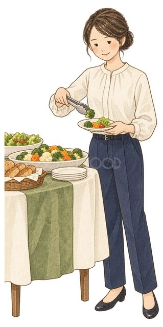 料理を取り分ける女性社員の水彩イラスト