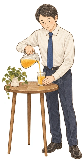 飲み物を注ぐ男性社員の水彩イラスト