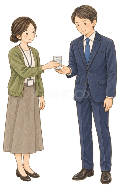 飲み物を渡す同僚二人の水彩イラスト