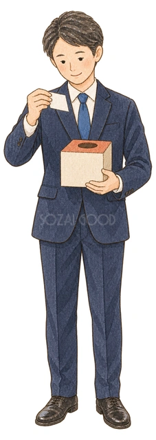抽選会を進める男性幹事の水彩イラスト