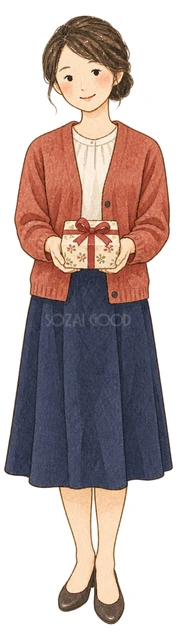 景品を紹介する女性幹事の水彩イラスト