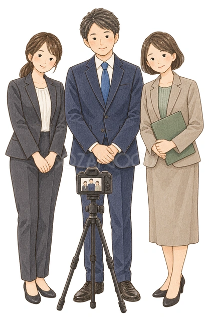 宴会の記念写真を撮る社員三人の水彩イラスト