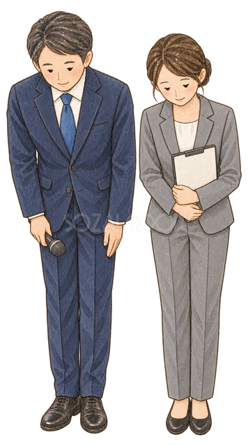 閉会の挨拶をする幹事二人の水彩イラスト