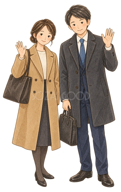 宴会帰りに挨拶する社員二人の水彩イラスト