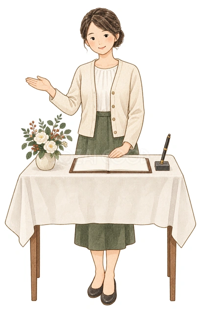 宴会の受付をする女性の水彩イラスト