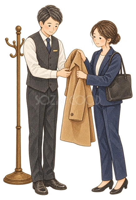 コートを預かる受付スタッフの水彩イラスト