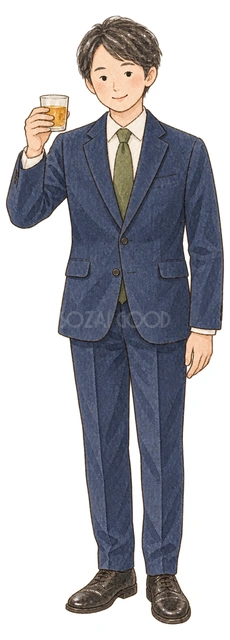 乾杯のグラスを持つ男性社員の水彩イラスト