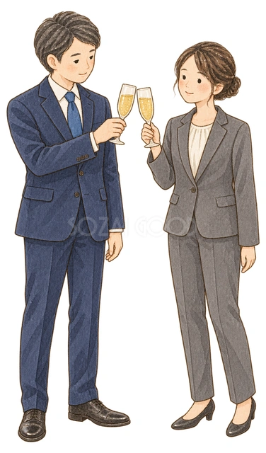 二人で乾杯する会社員の水彩イラスト