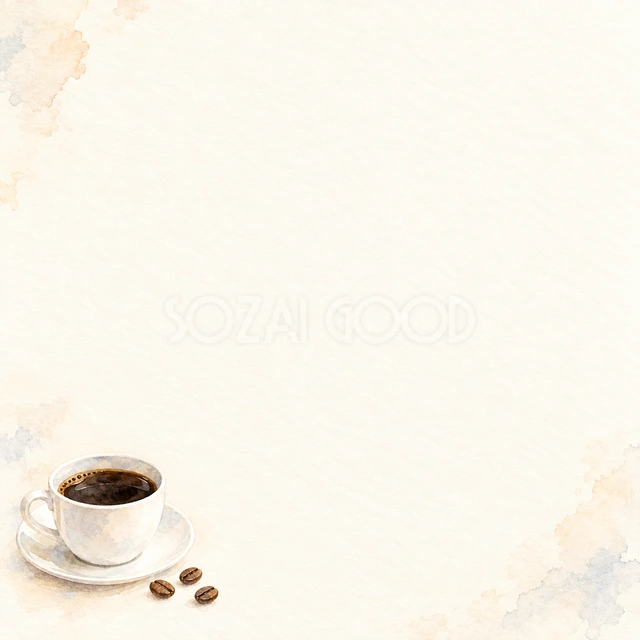 コーヒー豆とカップ・左下の余白背景・正方形の背景