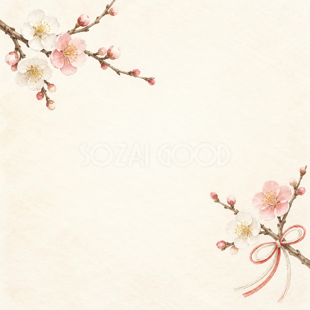 梅の花・対角の飾りと明るい中央・正方形の背景